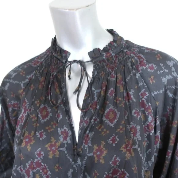 ULLA JOHNSON MINI DRESS PIERA CHARCOAL PRINTED PLEATED SATIN SIZE 2 LONG SLEEVE - Picture 2 of 8